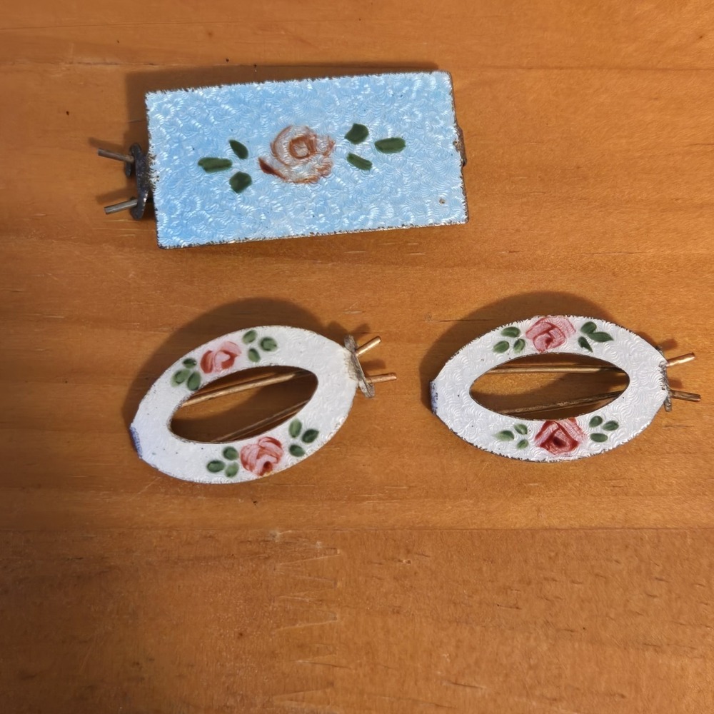 Guilloche Enamel Rose Floral Hair Barrettes Set of 3 Silver Tone Coquette